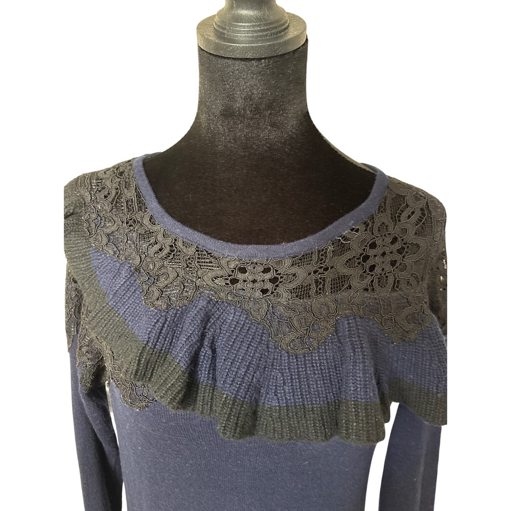Anthropologie Knitted & Knotted Navy Blue Lace Ruffle Cashmere Blend Sweater M - Picture 4 of 7
